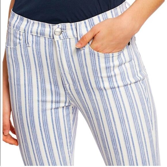 FRAME Le Bardot Crop Flare Leg Jeans Striped Mid Rise Raw Hem, Dutch Blue Multi - Picture 1 of 10